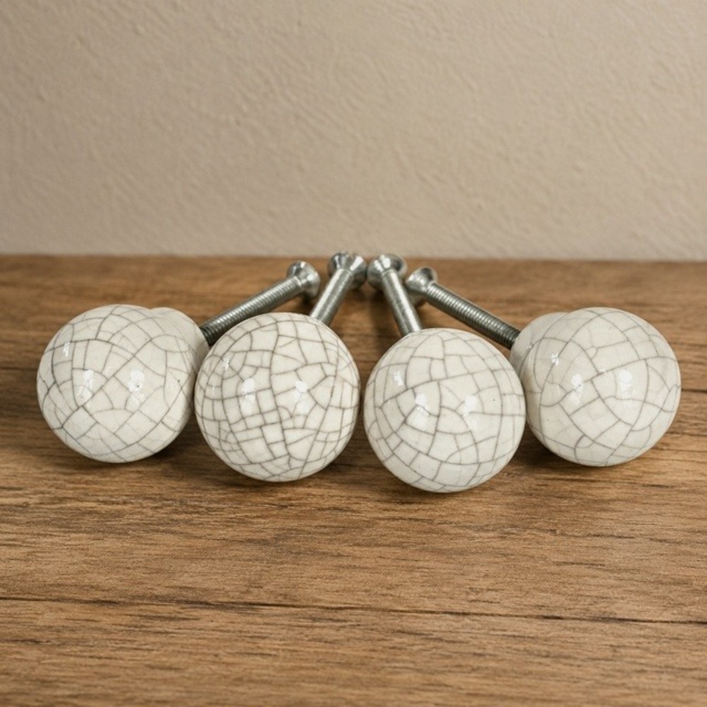 Set of 4 Ceramic Crackle White Cabinet Knobs Round Drawer Pulls 1"